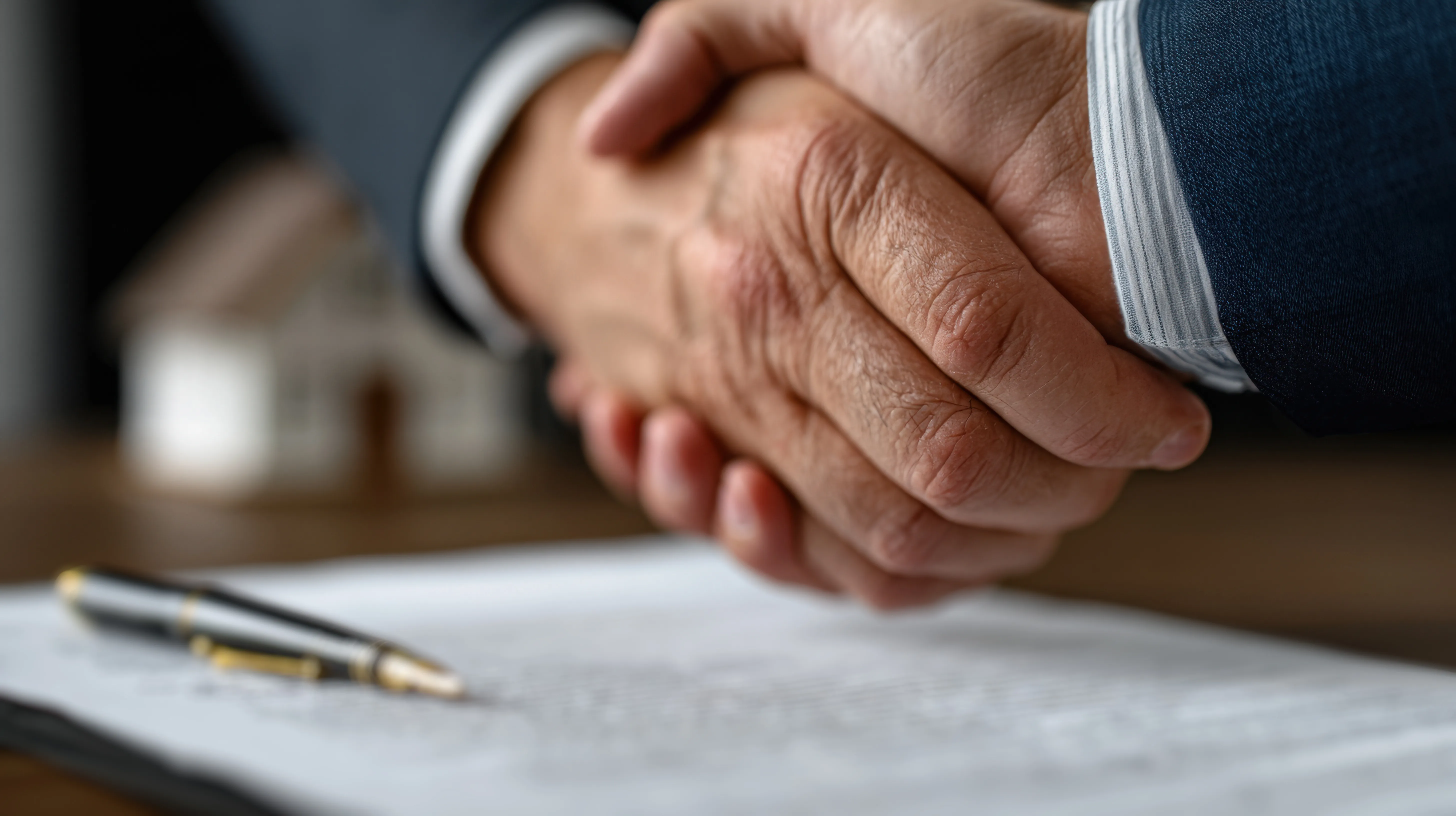 Business owner and landlord shaking hands on a long-term lease agreement.